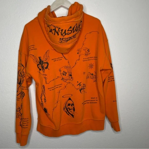 MENS NEON ORANGE UNUSUAL ORIGINAL GRIMM REAPER BARB WIRE SKULL GOTH HOODIE SZ L - Picture 6 of 9